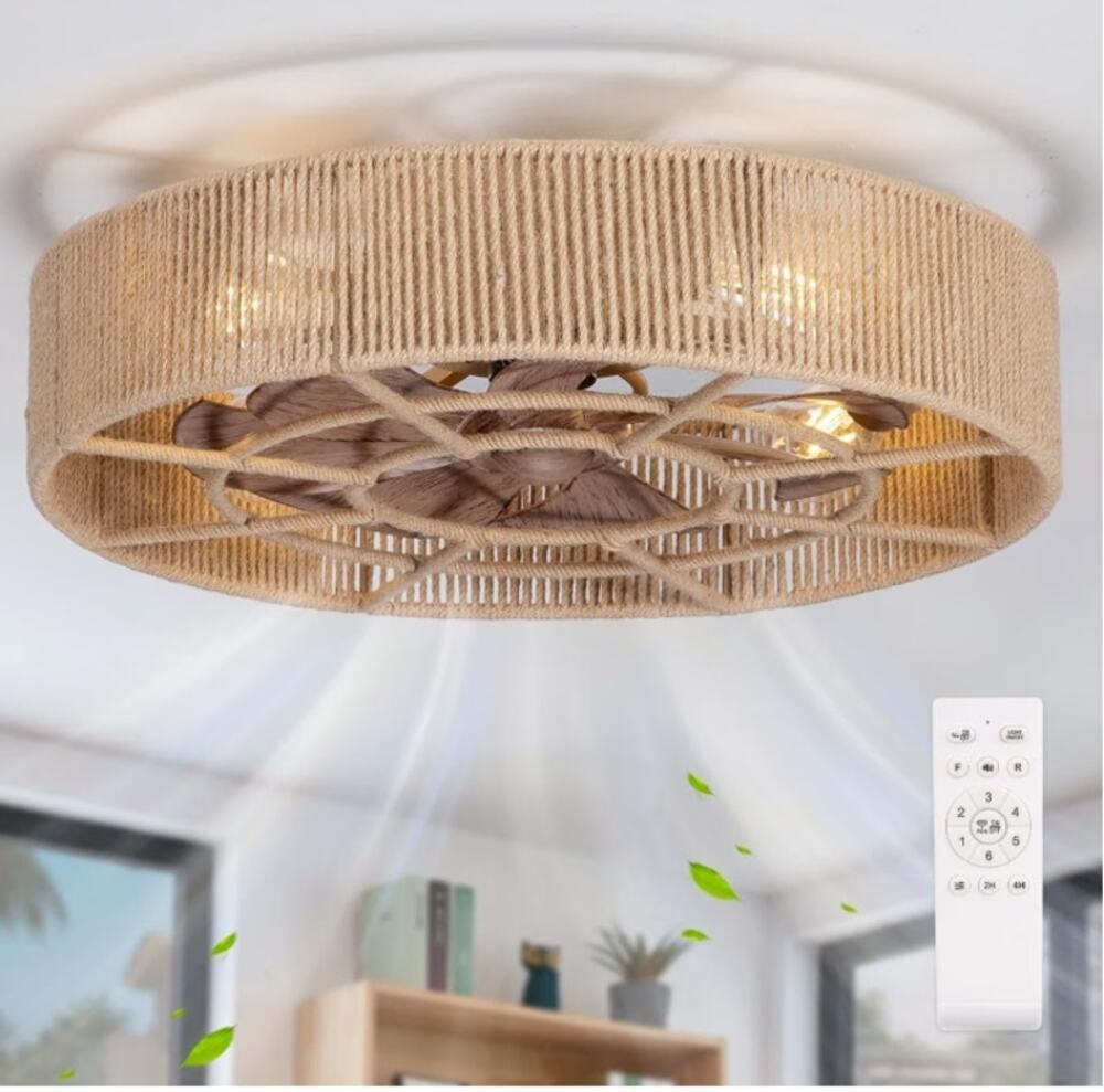 22" Rattan Boho Flush Mount Ceiling Fan Light w/ Remote New Open Box